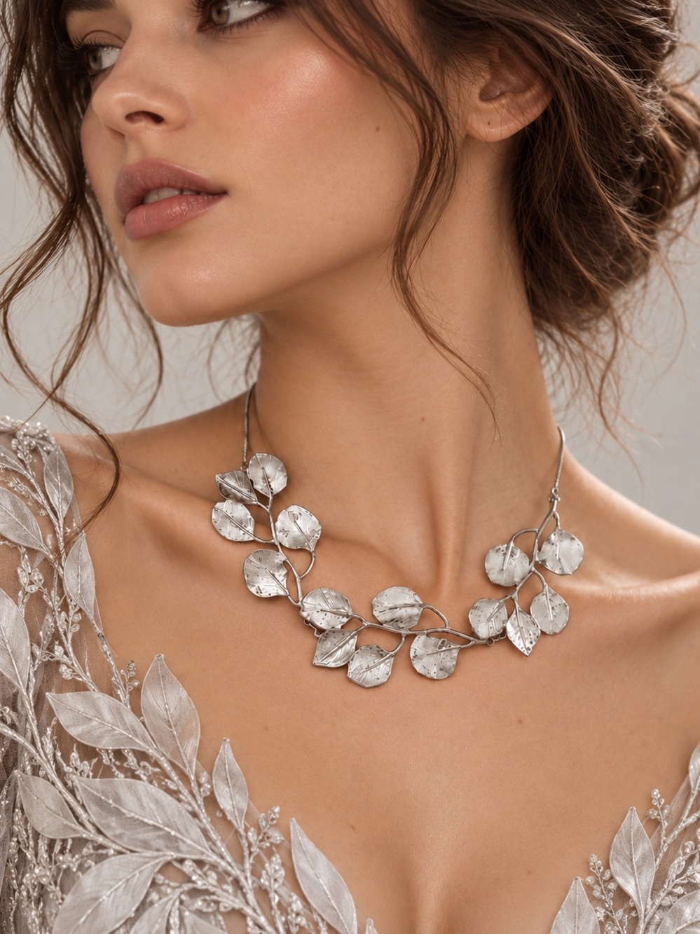Silver Leaf Statement Necklace - Elegant Women Jewelry